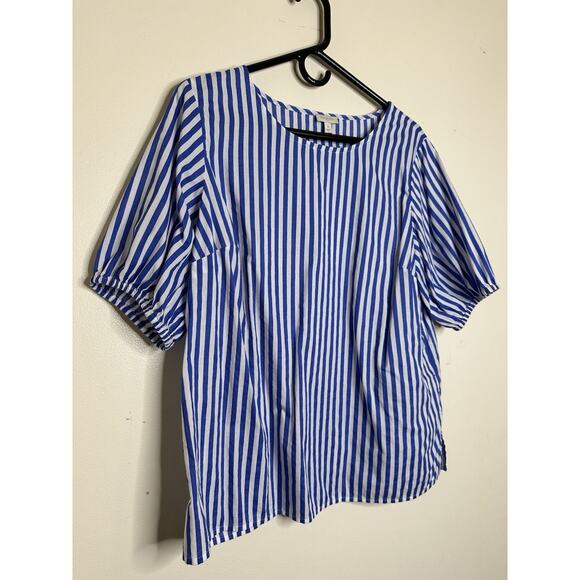 Talbots Size Medium Blue White Nautical Stripe Cotton Blouse Puff Sleeve - Picture 2 of 6